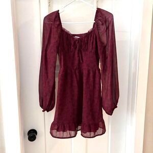 Burgundy‎ lace corset long sleeve mini dress with sheer sleeves and tie front